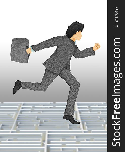 Business man with briefcase running on maze, business conceptual illustration.