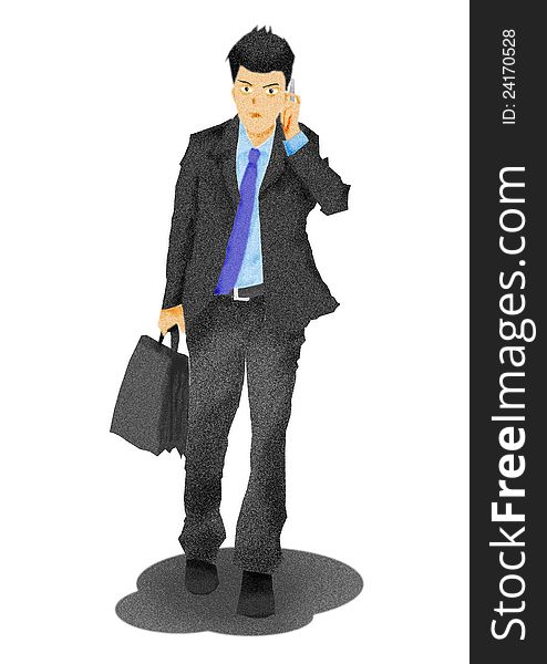 Business man on the phone carrying a suitcase on white background, illustration