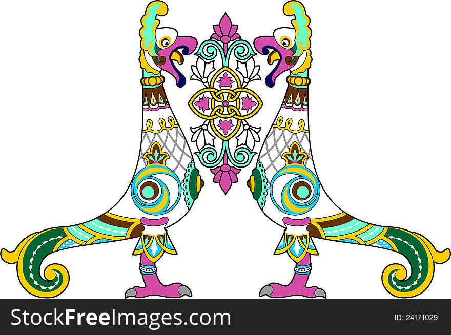Illustration of ornamental composition with abstract bird. Illustration of ornamental composition with abstract bird