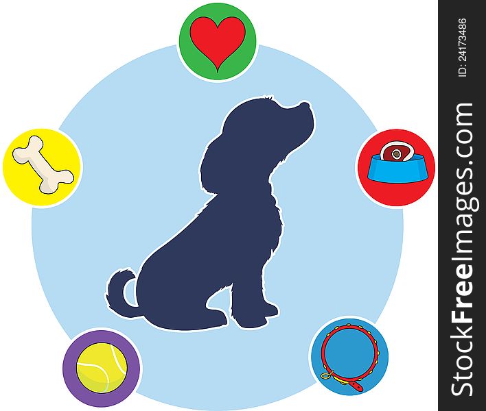 A silhouette of a puppy in profile on a circular background, with icons of puppy thoughts dotted around the circle. A silhouette of a puppy in profile on a circular background, with icons of puppy thoughts dotted around the circle.