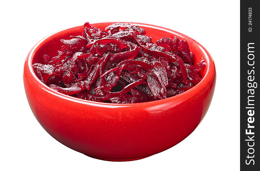 Grated boiled beet in a red cup