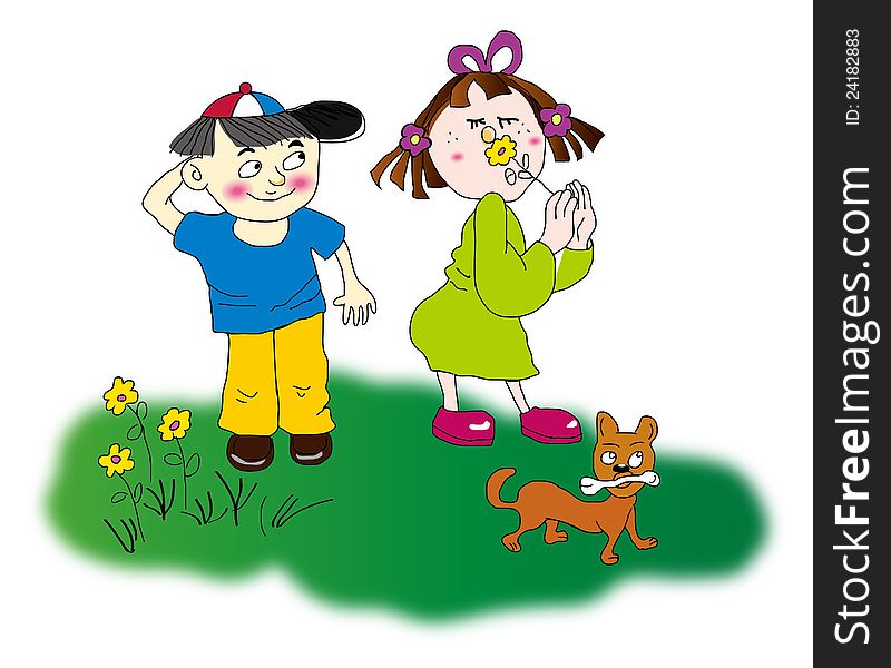 Illustration of a happy girl and boy playing with his dog. Illustration of a happy girl and boy playing with his dog