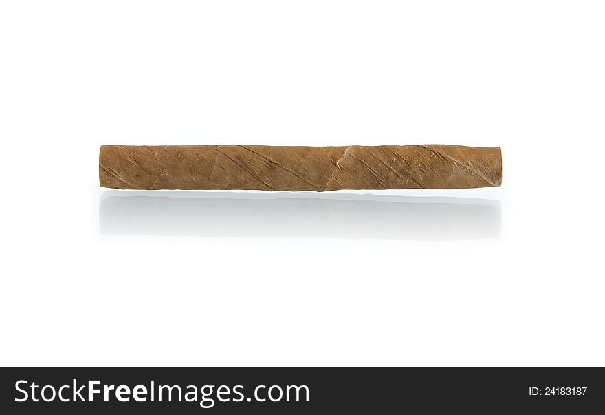 One cigar on white background with reflection. with clipping path