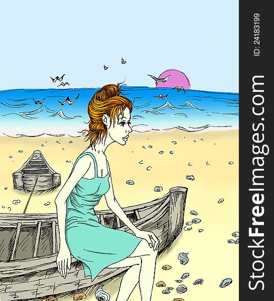 A beautiful young girl and boat illustration. A beautiful young girl and boat illustration