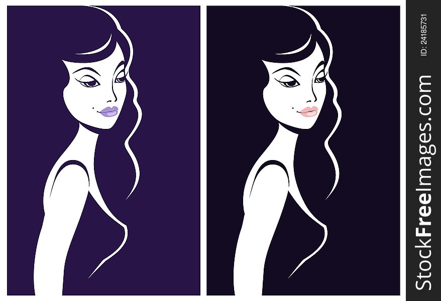 Vector illustration of shadow portrait of beautiful woman with dark hair in blue and black colors. Girl silhouette icon. Vector illustration of shadow portrait of beautiful woman with dark hair in blue and black colors. Girl silhouette icon