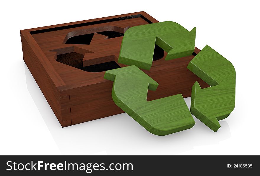 One retro wooden puzzle made with a recycling symbol (3d render). One retro wooden puzzle made with a recycling symbol (3d render)