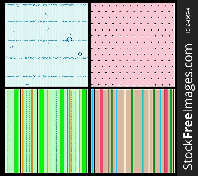 Set of 4 seamless textures. Polka dot, strips, bubbles. Vector illustration EPS8