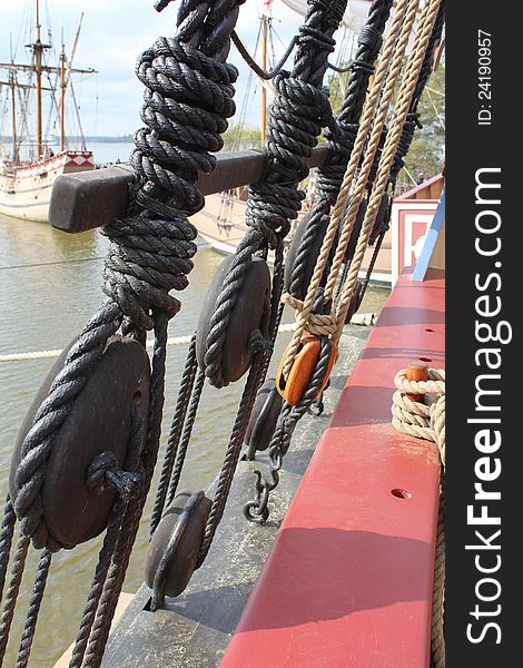 Ship's ropes on replica ship in Jamestown Virginia. Ship's ropes on replica ship in Jamestown Virginia