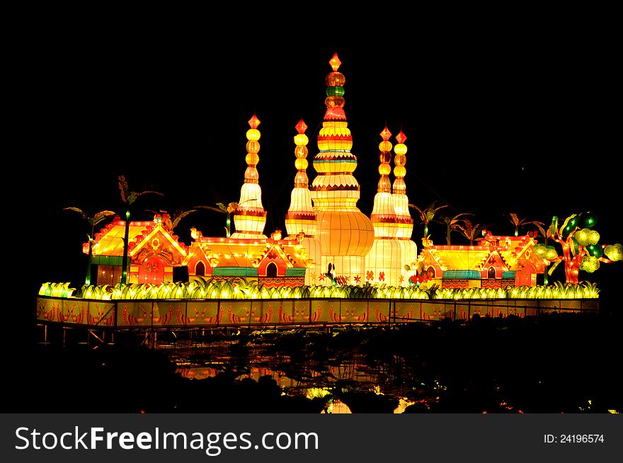 Chinese traditional Buddhist pagoda illuminated by neon lights at night Photo taken on: October 02nd, 2012. Chinese traditional Buddhist pagoda illuminated by neon lights at night Photo taken on: October 02nd, 2012