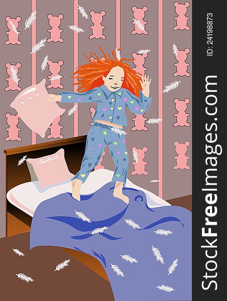 Little girl is very happy. She jumps on bed in her room. Feathers flew away. Little girl is very happy. She jumps on bed in her room. Feathers flew away.