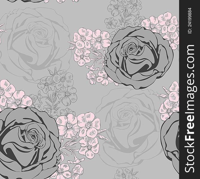 Vector seamless background with roses and phlox. Vector seamless background with roses and phlox.