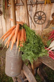 Old Canister With Carrots On T Stock Photo Old Canister With Carrots On T Stock Photo