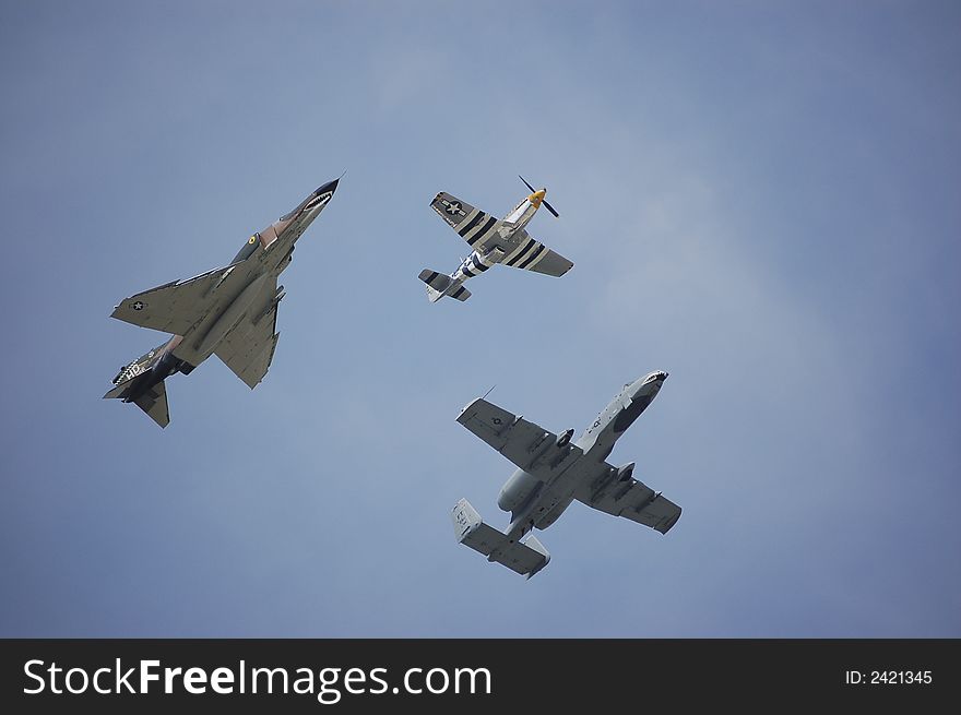 A P-51 Mustang, A-10 Thunderbolt II, and a F-4 Phantom II fly together in an Air Force Heritage Flight.