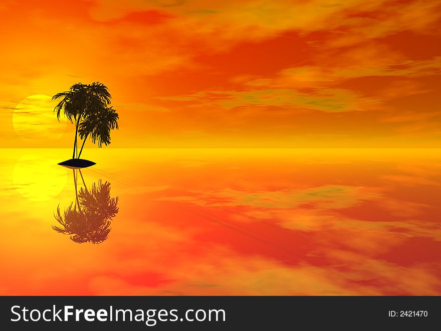3D render of palm trees and sunset