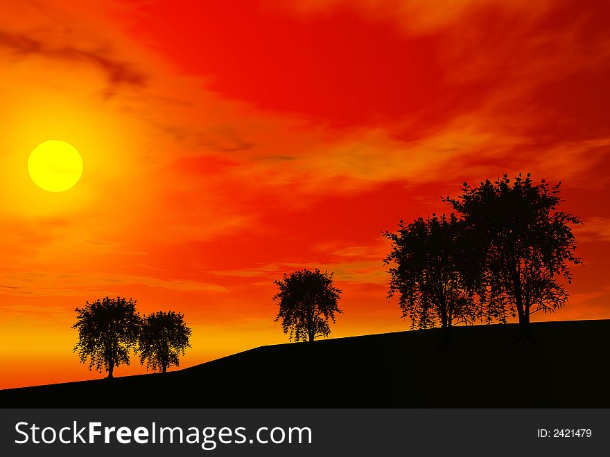 3D render of maple trees and sunset