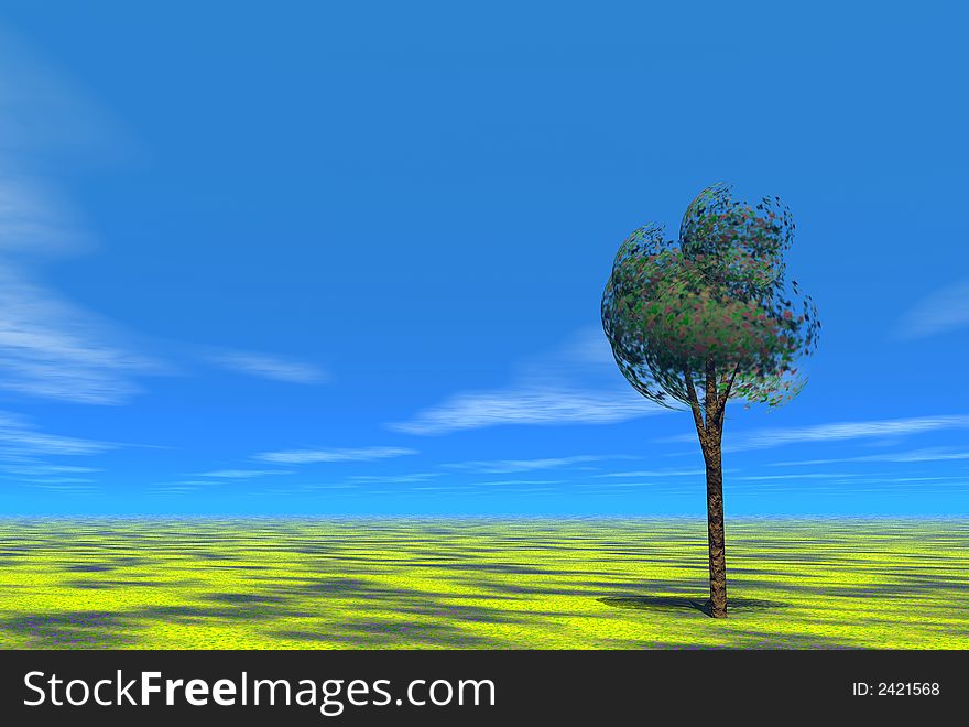3D render of tree and flowers and sunset
