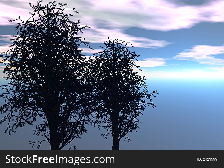 3D render of two trees and sunset
