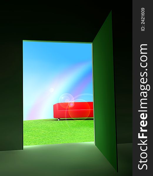 Door to green meadow with red sofa and rainbow