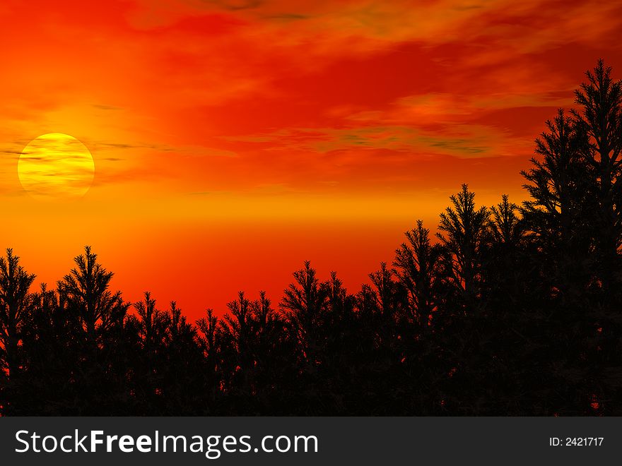 3D render of  trees and sunset