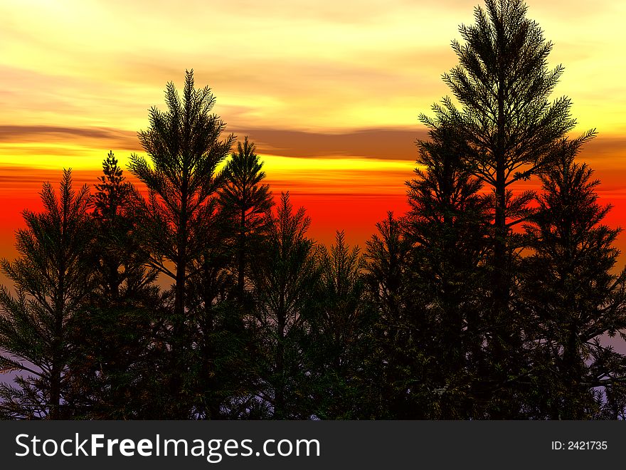 3D render of trees and sunset