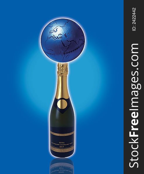 Champagne bottle with globe in blue ground
. Champagne bottle with globe in blue ground