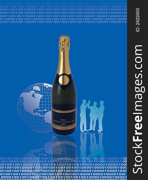 Business people standing in front Champagne bottle  with globe. Business people standing in front Champagne bottle  with globe