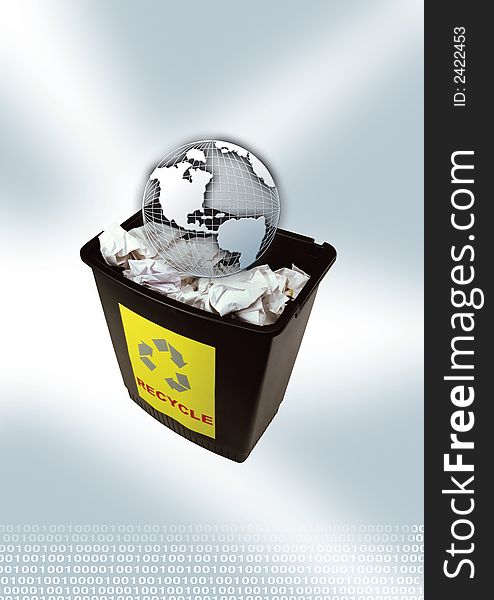 Gray globe in a dustbin with gray background. Gray globe in a dustbin with gray background