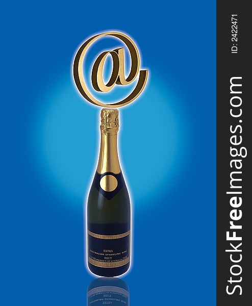 Champagne bottle with globe in blue back ground. Champagne bottle with globe in blue back ground