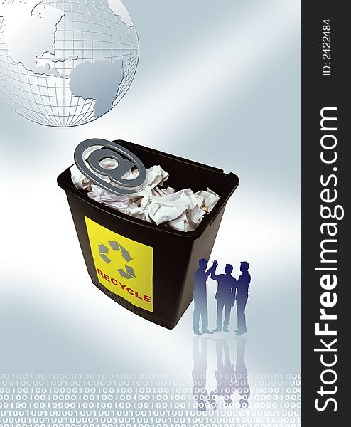 Business people standing in front of bin, globe and graph in gray back ground. Business people standing in front of bin, globe and graph in gray back ground