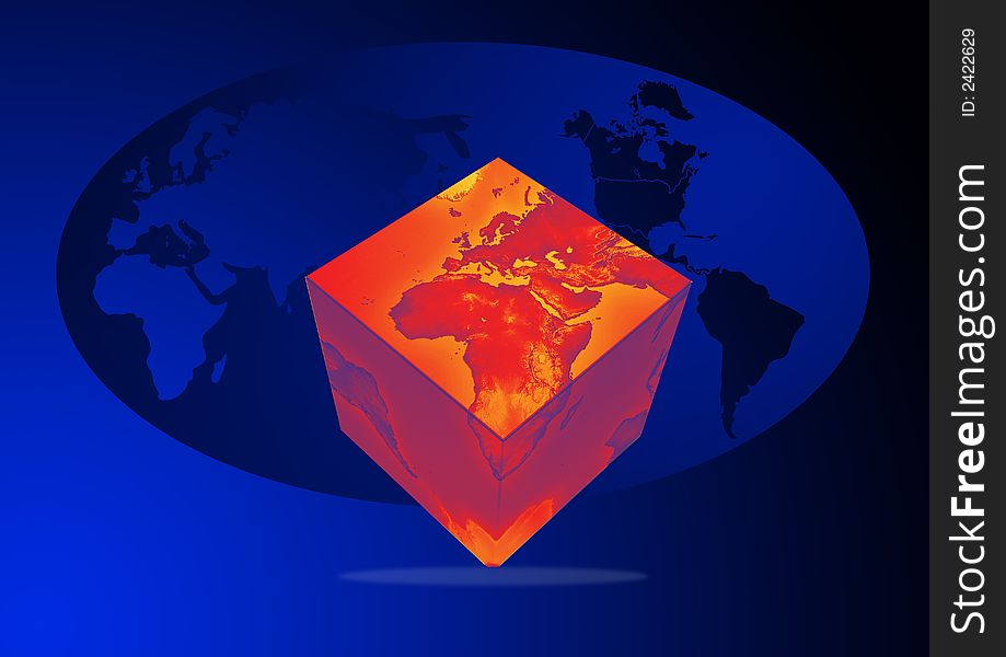 Illustration of a red globe cube in blue back ground. Illustration of a red globe cube in blue back ground
