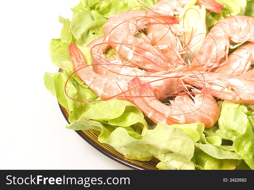 Closeup of  shrimps on plate served with green romano salad are ready to eat