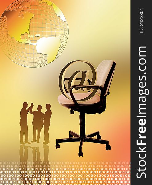 Business people standing in front of office chair, globe, “@” in back with globe. Business people standing in front of office chair, globe, “@” in back with globe