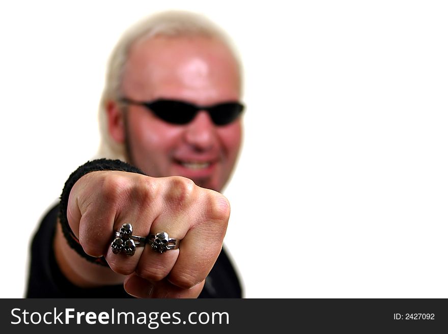 Strong man, isolated on white background, focus on the hand