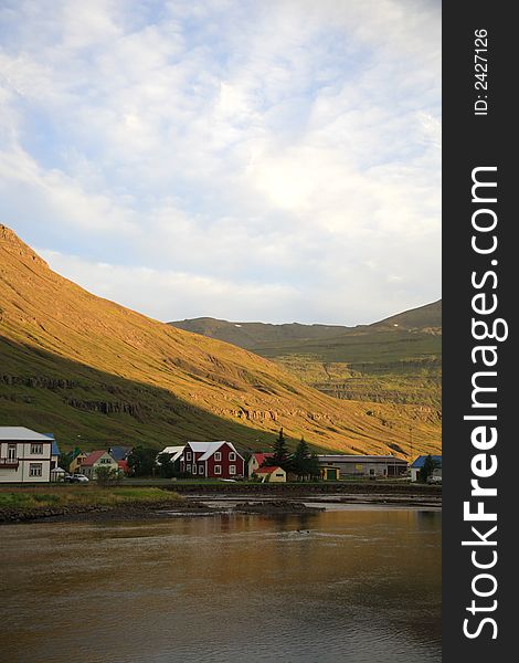 Village of Seydisfjordur east Iceland in the early morning sun