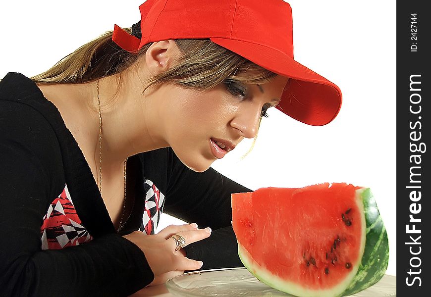 Young woman eating watermelon, isolated on white background