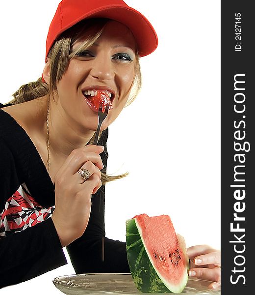 Young woman eating watermelon, isolated on white background