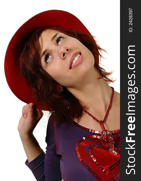 Girl and hat, isolated on white background