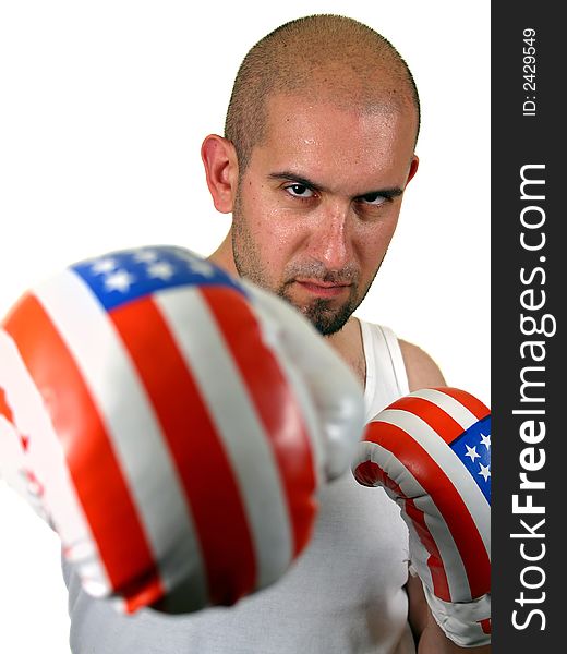 Boxer with red gloves (focus on the face), isolated on white