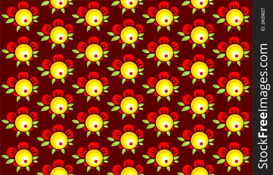 Pattern from red repeating decorative flowers on a brown background.