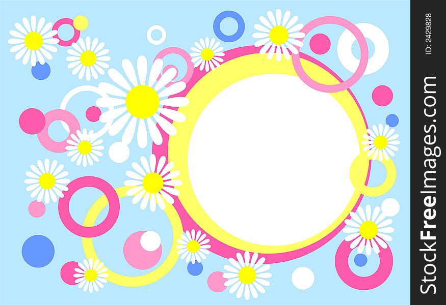 The white frame with chamomiles and multi-colored circles on a blue background. The white frame with chamomiles and multi-colored circles on a blue background.