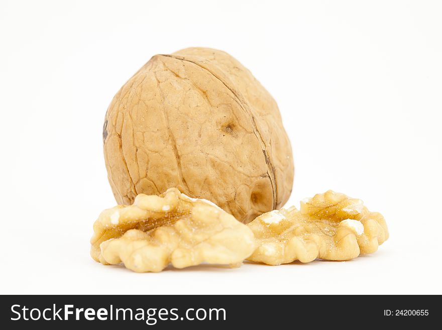 Close up of a delicious walnut with white background