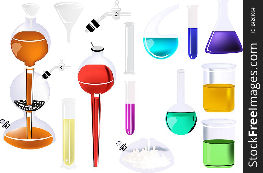 Illustration with chemical glass collection isolated on white. Illustration with chemical glass collection isolated on white