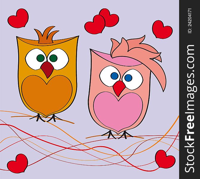 Kid illustration with a couple of owls in love