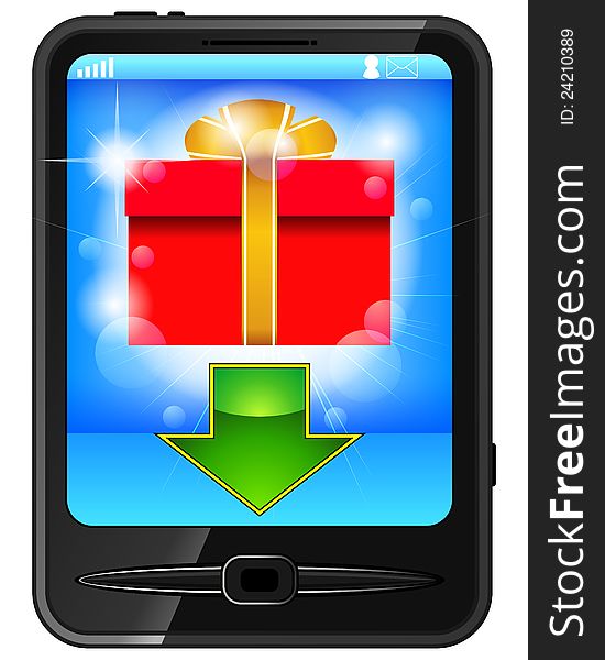 Modern black cellphone with red gift box and arrow on screen. Modern black cellphone with red gift box and arrow on screen