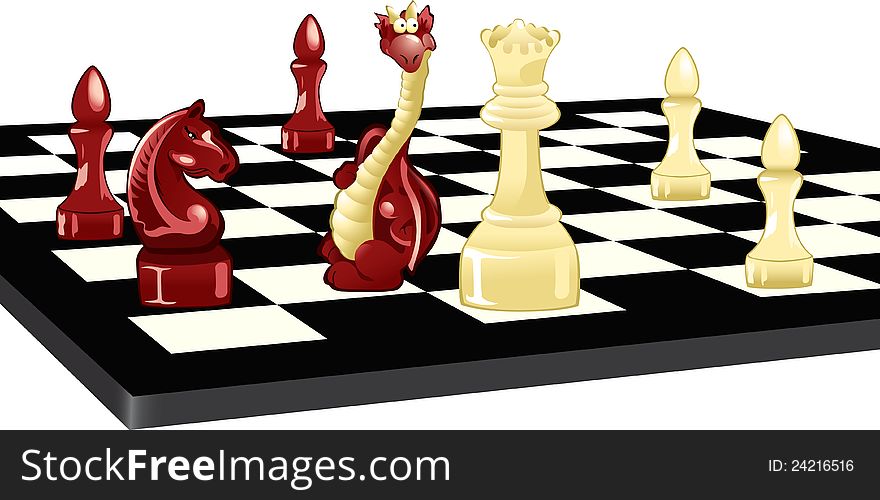 The illustration shows a chess board. On it are chess pieces and the Dragon. Illustration done in cartoon style, on separate layers. The illustration shows a chess board. On it are chess pieces and the Dragon. Illustration done in cartoon style, on separate layers.