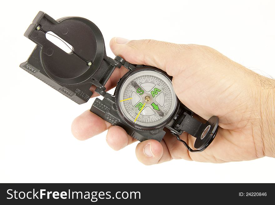 Boy with a compass in hand with white background