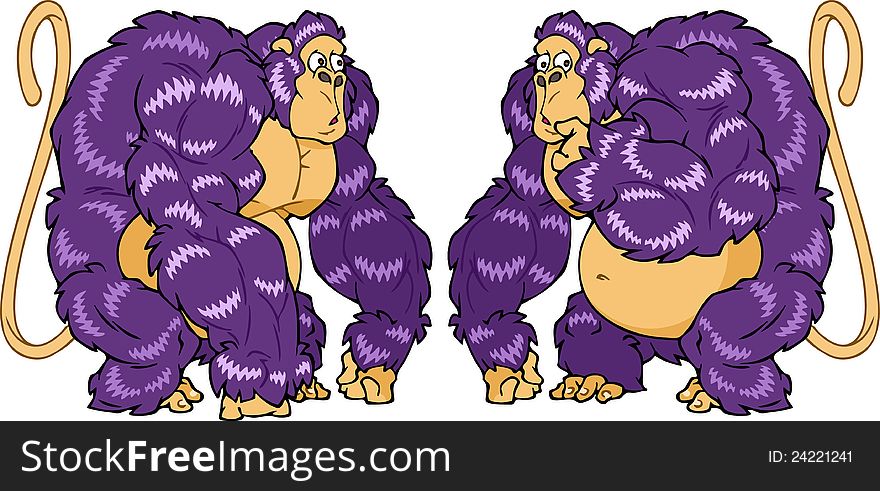 The illustration shows surprised gorilla in two similar poses. Illustration done in cartoon style on separate layers. The illustration shows surprised gorilla in two similar poses. Illustration done in cartoon style on separate layers