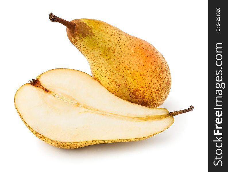 Two pears cut and whole against white background