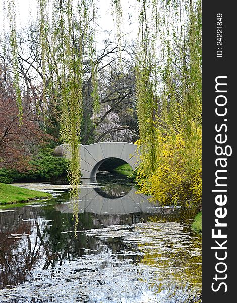 A beautiful view of a bridge with willow trees showing reflections in the water