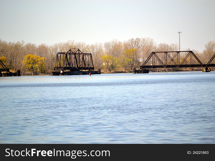 View of an opened train bridge on the river